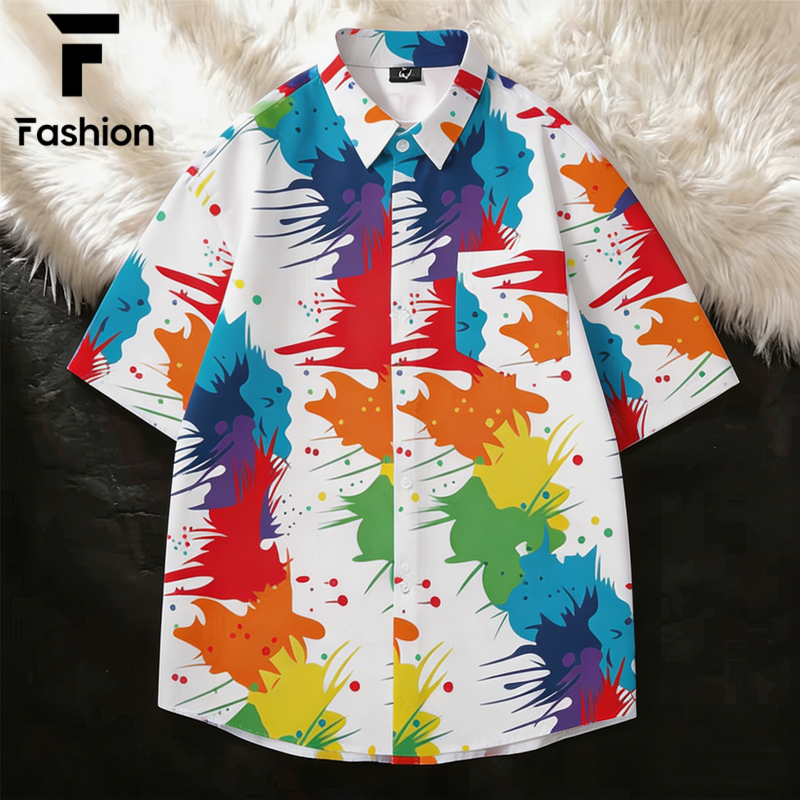 เสื้อเชิ้ต Unisex ลำลองแขนสั้น พิมพ์ลายสีน้ำมัน ดอกไม้ สไตล์ฮาวาย ได้ เก๋ไก๋ไม่ซ้ำใคร