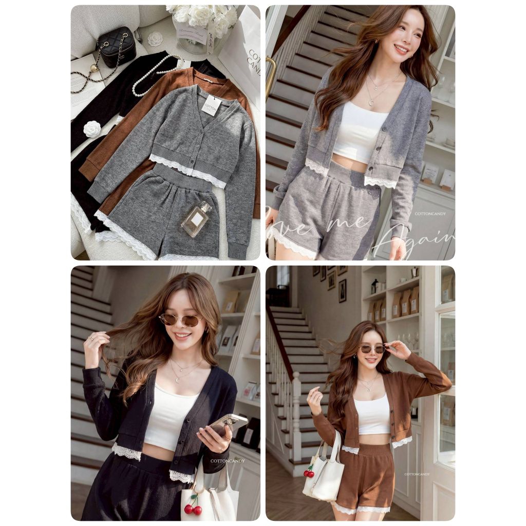 #Cotton Candy🍭****set เสื้อเเขนยาว+ขาสั้น ผ้ายืดแต่งชายลูกไม้ New Cider korea set