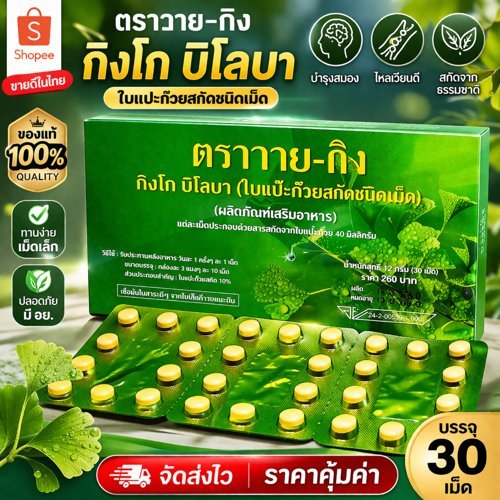 Y-GINK วายกิง ใบแป๊ะก๊วยสกัดชนิดเม็ด กิงโกะ บิโลบา (1 กล่อง 30 เม็ด)
