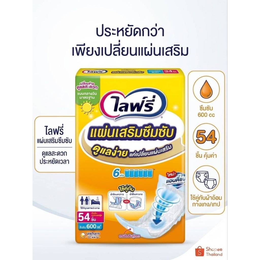 Lifree ไลฟ์รี่ แผ่นเสริมซึมซับ แบบมาตรฐาน (กลางวัน) ห่อใหญ่สุดคุ้ม 54 ชิ้น ซึมซับ 600cc