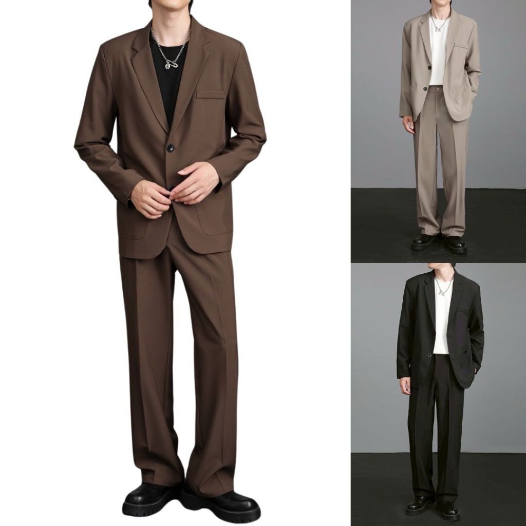 SUIT-M05 ชุดเซ็ตสูทผู้ชาย เสื้อ+กางเกง 2 ชิ้น M-4XL โทนสีสวย สไตล์เกาหลี ดูดี ใส่ออกงาน เบลเซอร์แขนย