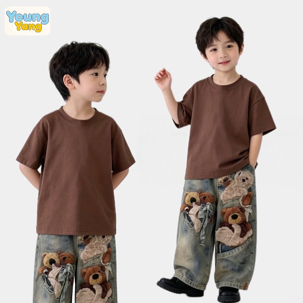 YO240 ชุดเด็กใส่เที่ยว เสื้อเรียบแมทช์ กางเกงหมีน่ารักสุดๆ สไตล์แอบเท่คุมโทรน