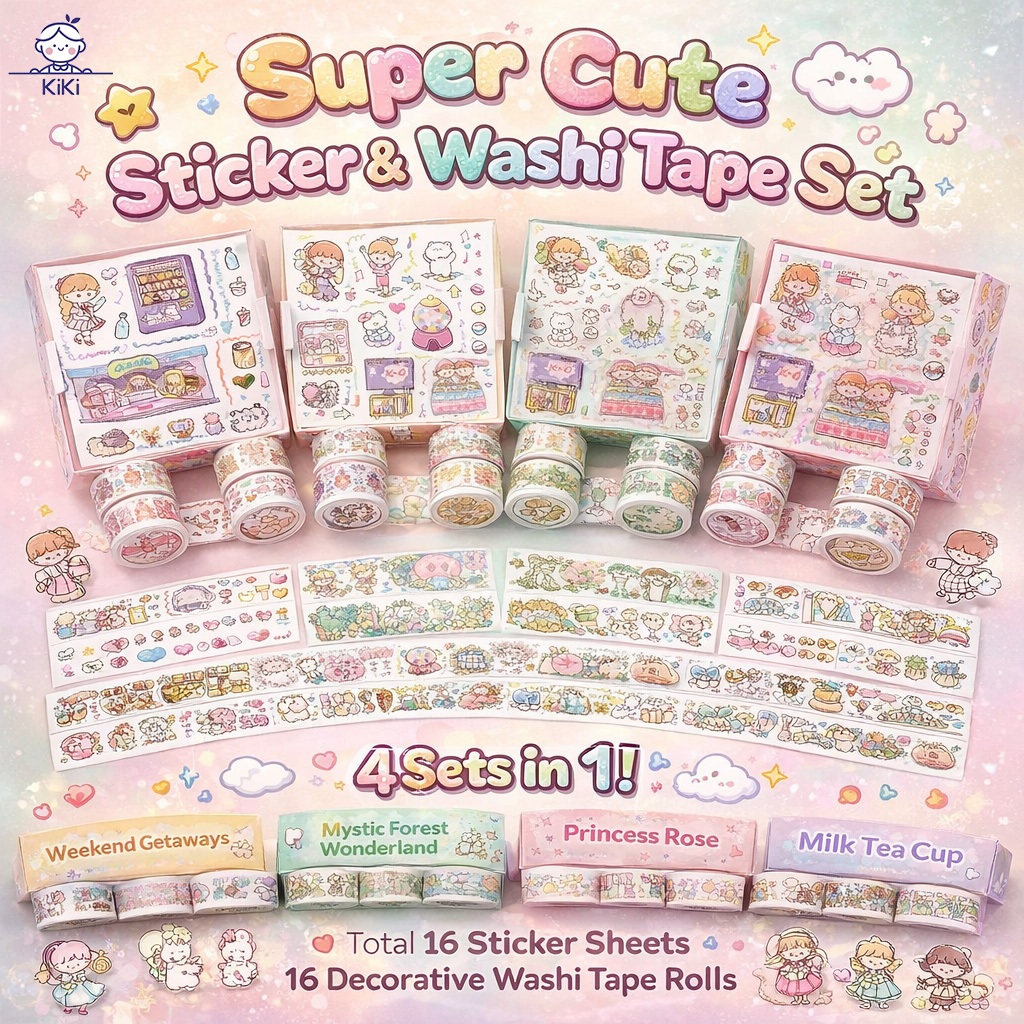 KiKi สติกเกอร์น่ารัก + เทปวาชิ ลายการ์ตูนคิ้วท์ 4 แผ่น + 4 ม้วน เซ็ต DIY ตกแต่งสมุด ของขวัญสุดคิ้วท์