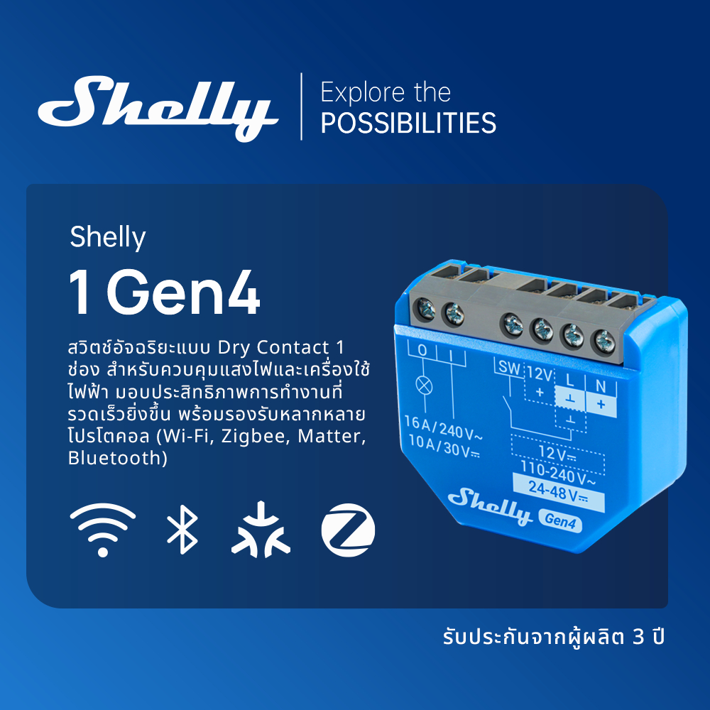 Shelly 1 Gen4 สวิตช์ไฟ 12v สวิตช์ไฟ สวิตช์ไฟ wifi 1 ช่อง 16A ควบคุมประตู ปั๊มน้ำ ไฟ ใช้กับ Alexa Google Home