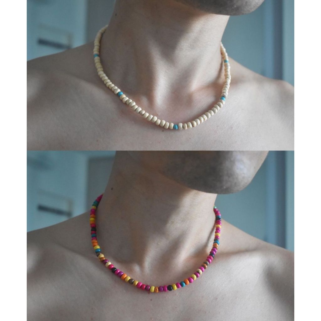 สร้อยคอลูกปัดไม้เม็ดเล็กมินิมอล สีครีมฟ้า และสีสันหลากสี น้ำหนักเบา สร้อยคอเที่ยวทะเล โดนน้ำได้
