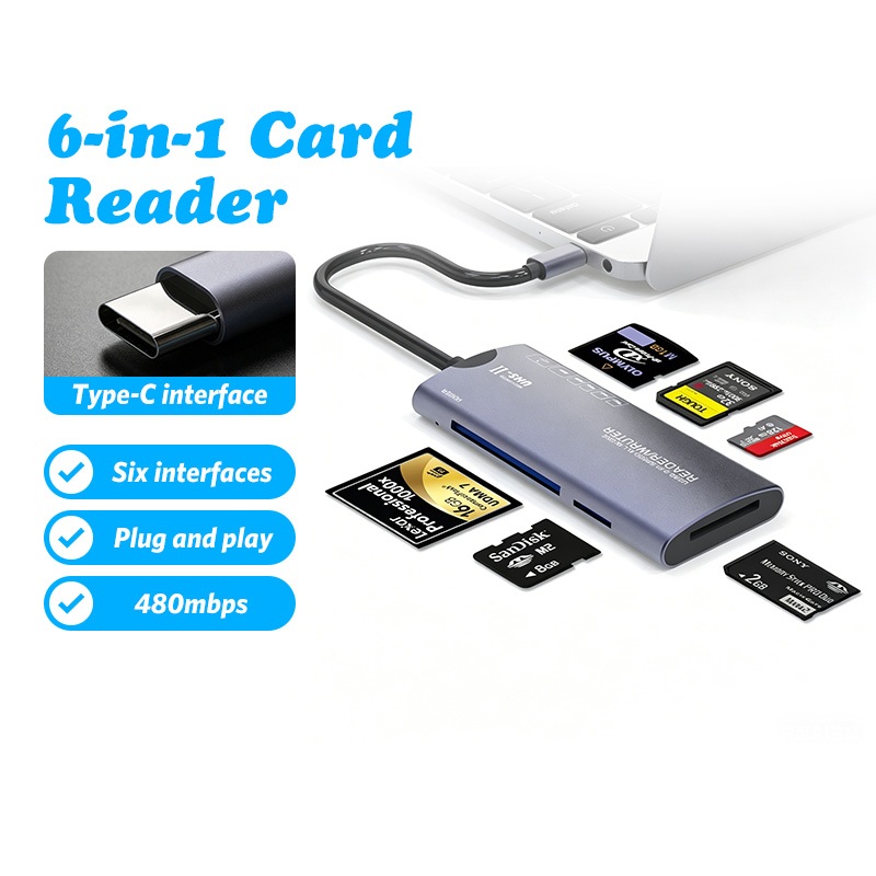การ์ดรีดเดอร์ 6 in 1 ตัวอ่าน card reader TF/SD/MS/M2/CF/XD เครื่องอ่านการ์ดTF ตัวอ่าน sd card