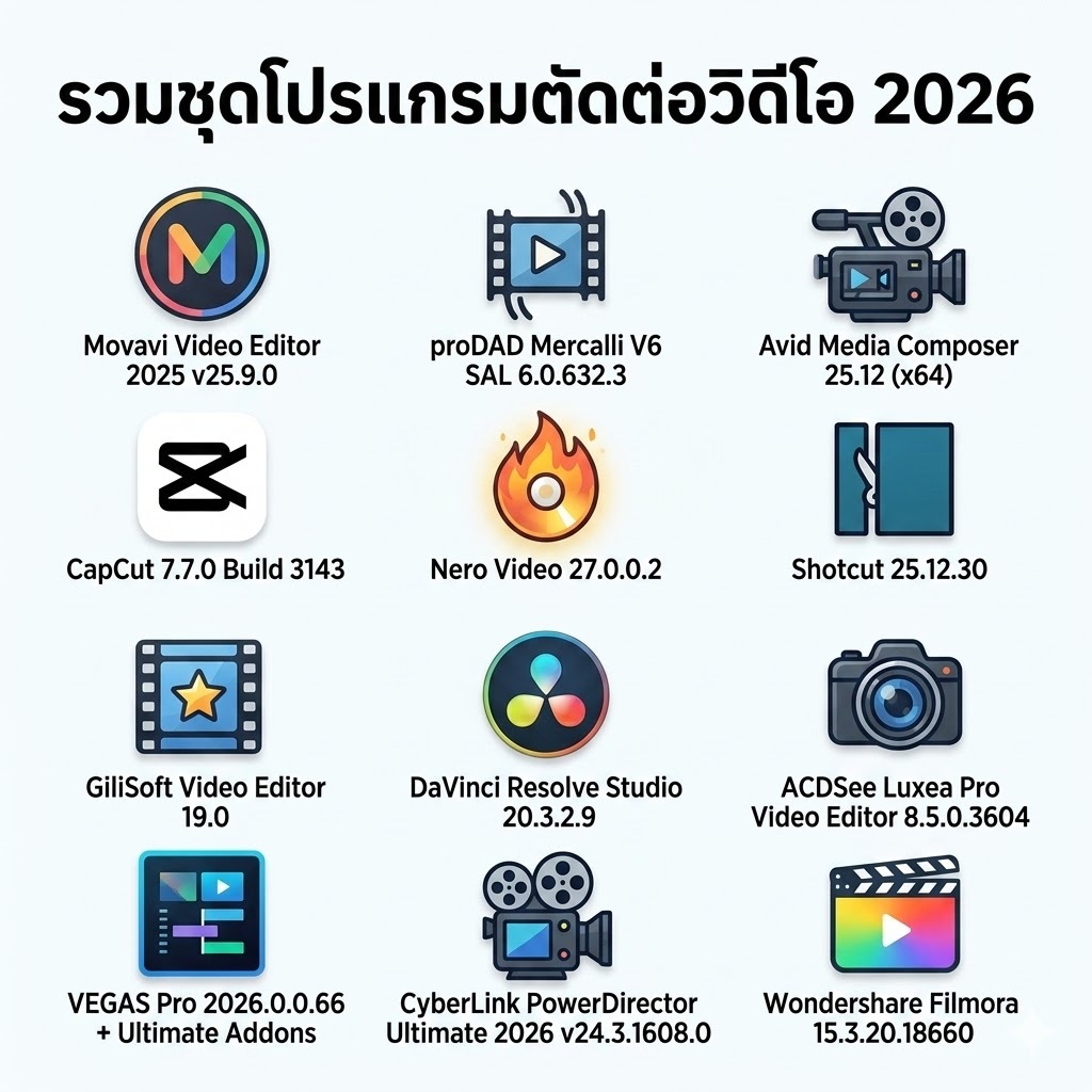 รวมชุดโปรแกรมตัดต่อวิดีโอ 2026 ระดับมืออาชีพ 12 โปรแกรมฮิต (DaVinci, VEGAS, Filmora, CapCut) อัปเดตล่าสุด(รองรับWindows)