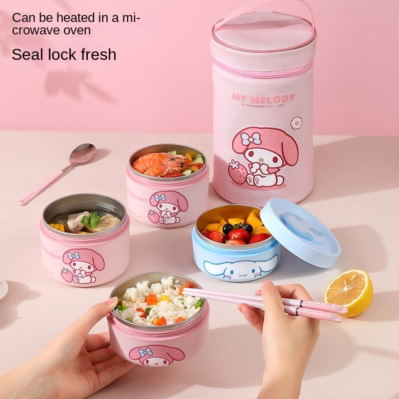 กล่องข้าวสแตนเลสหลายชั้นของ Sanrio ที่เก็บความร้อนได้ กล่องข้าวนักเรียน ชามซุป สำหรับพนักงานออฟฟิศ🚀ส่งเร็วไทย💨
