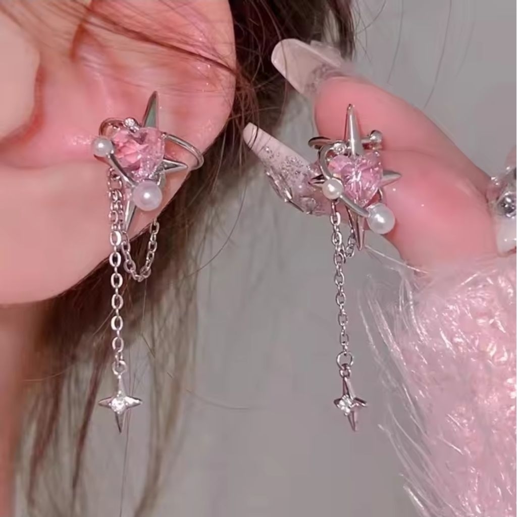 ° ต่างหูหนีบหัวใจสีชมพู • Pearl Pink Heart Ear cufg
