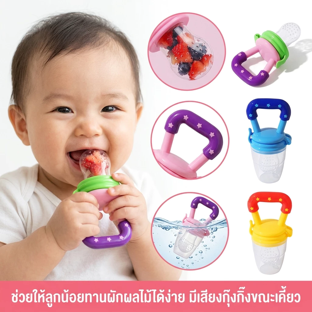IVORYBABY จุกหลอก อุปกรณ์ป้อนอาหารเสริมซิลิโคนสำหรับเด็ก จุกนม โภชนาการสำหรับทารก จุกนมคอแคบ ผลไม้และผักถุงตาข่าย