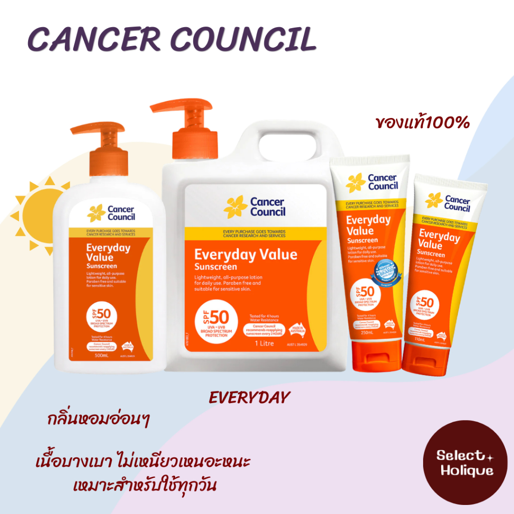 Cancer Council Everyday Sunscreen SPF50+ uva uvb ขนาด1ลิตร/500ml/250ml/110ml กันแดด