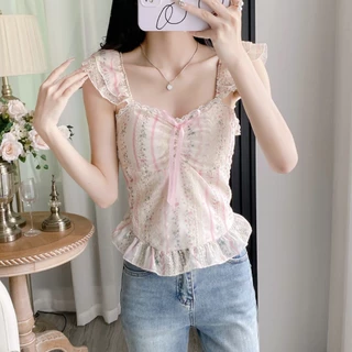 พร้อมส่งในไทย** เสื้อแขนกุด ลายลูกไม้ ผ้าชีฟอง เสื้อลูกคุณ สายหวาน Y336