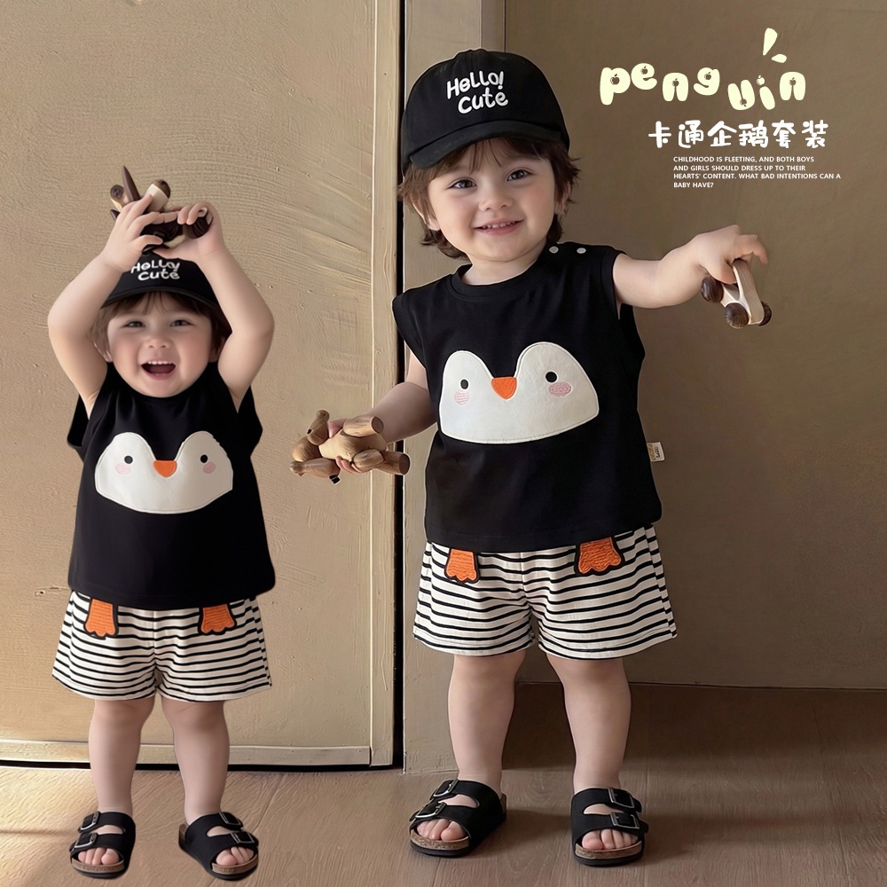 NT-215 ชุดเซ็ตเด็กสุดน่ารัก มาในธีมเพนกวินดีไซน์มินิมอลสุดคูล 🐧🖤ผ้านุ่ม เบาสบาย ไม่ระคายเคือง 🌿 👶💨เซ็ตครบ เสื้อ+กางเกง