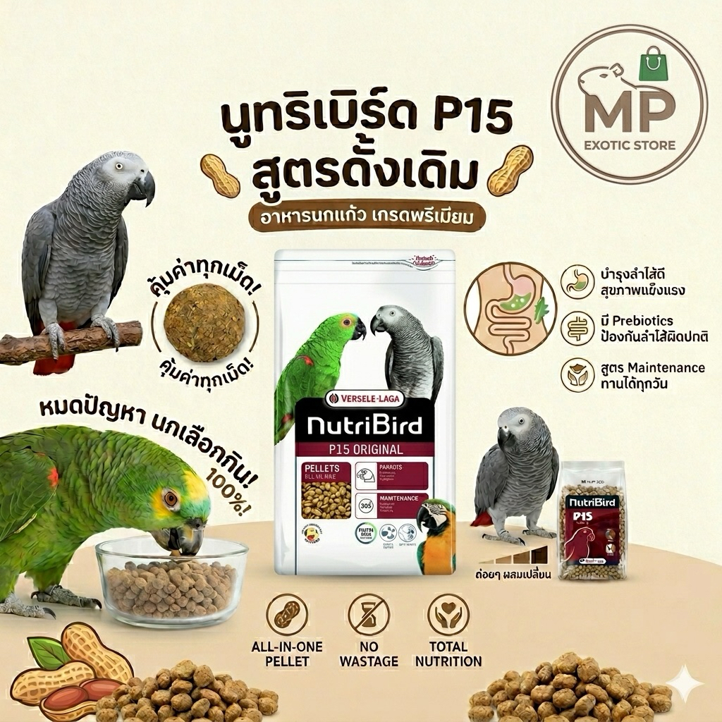 NutriBird P15 Original (นูทริเบิร์ด พี15 สูตรดั้งเดิม) อาหารนกแก้วยอดฮิตจาก Versele-Laga