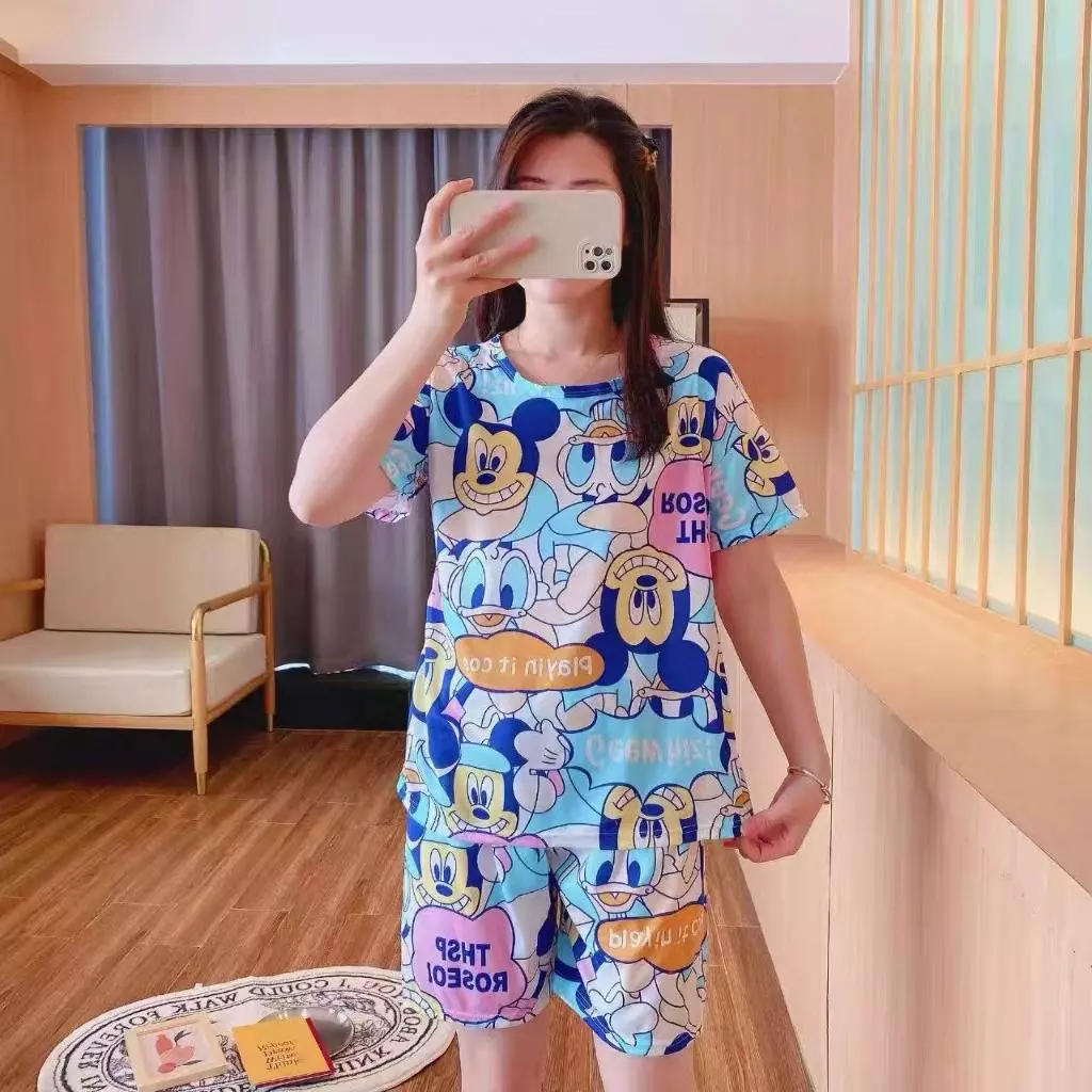 3366 EASY ชุดนอนผ้าคอตตอน ชุดนอนแขนสั้น-ขาสั้น เนื้อผ้ายืดได้บ้าง แต่งพิมพ์ลายการ์ตูนน่ารักๆ ใส่สบาย พร้อมส่ง!!!