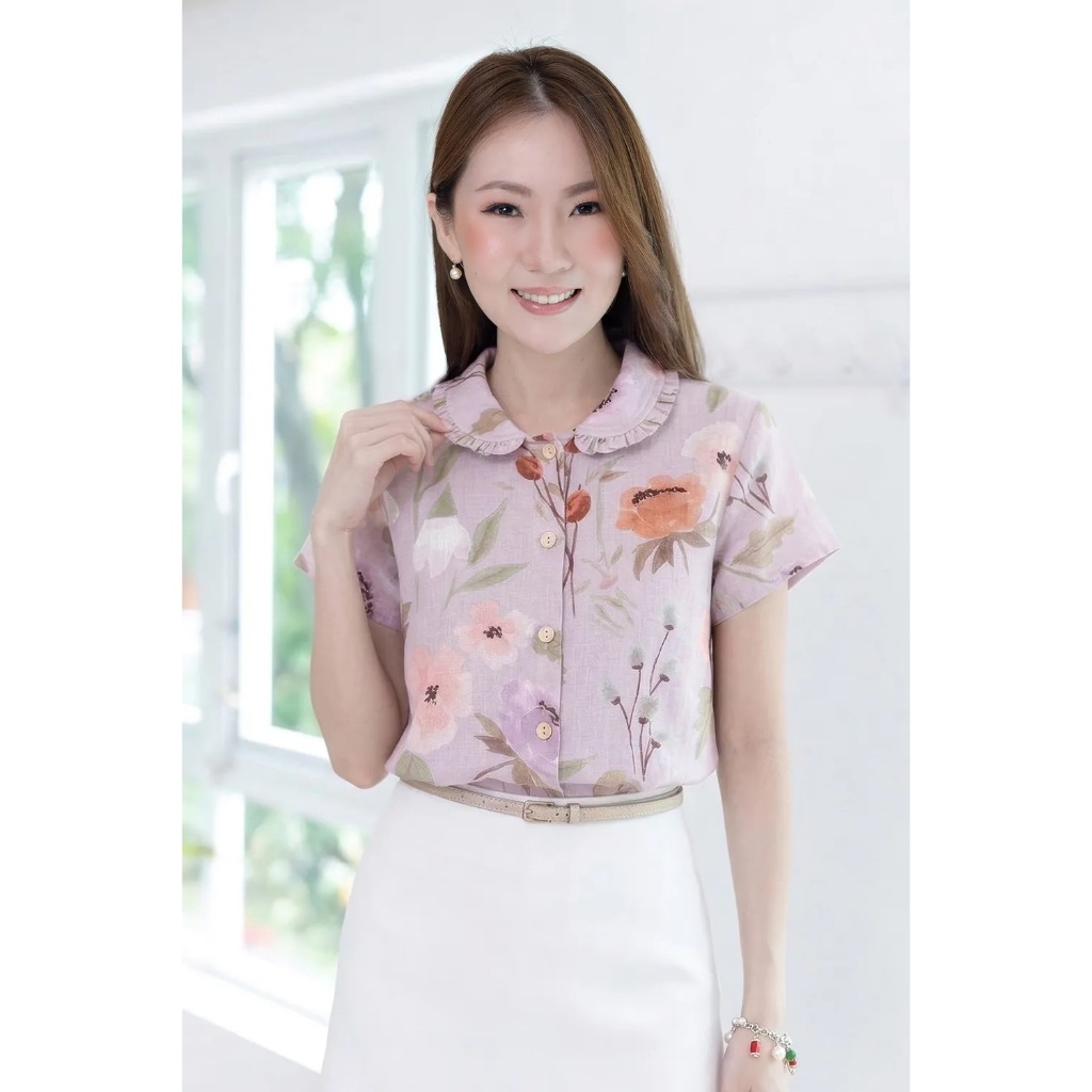 Narinari : PT0245 Frill Peter Pan Collar Shirt เสื้อเชิ้ต ปกบัวแต่งระบาย ผ้าลินิน คอตตอน ทิ้งตัว