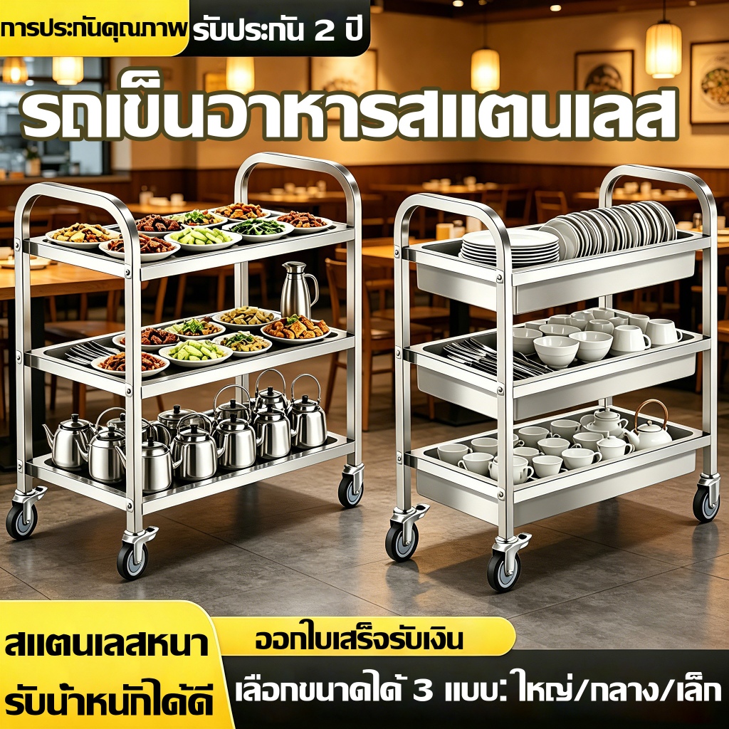 【จัดส่งจากไทย】 รถเข็นมือสแตนเลส 201 รถเข็นอาหาร 3 ชั้น รถเข็นอเนกประสงค์ รถเคลียร์จาน สำหรับเก็บของร้านอาหาร  ประกอบง่าย