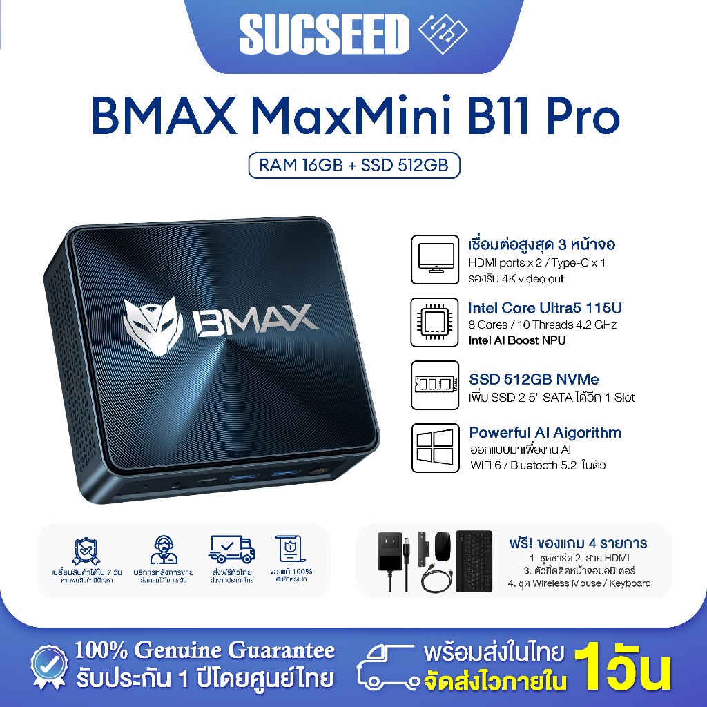 BMAX B11 Pro Mini PC มินิพีซี intel Ultra 5 115U Ai Power Cpu RAM 16GB DDR5 + SSD 512GB รับประกัน 1 ปีในไทย