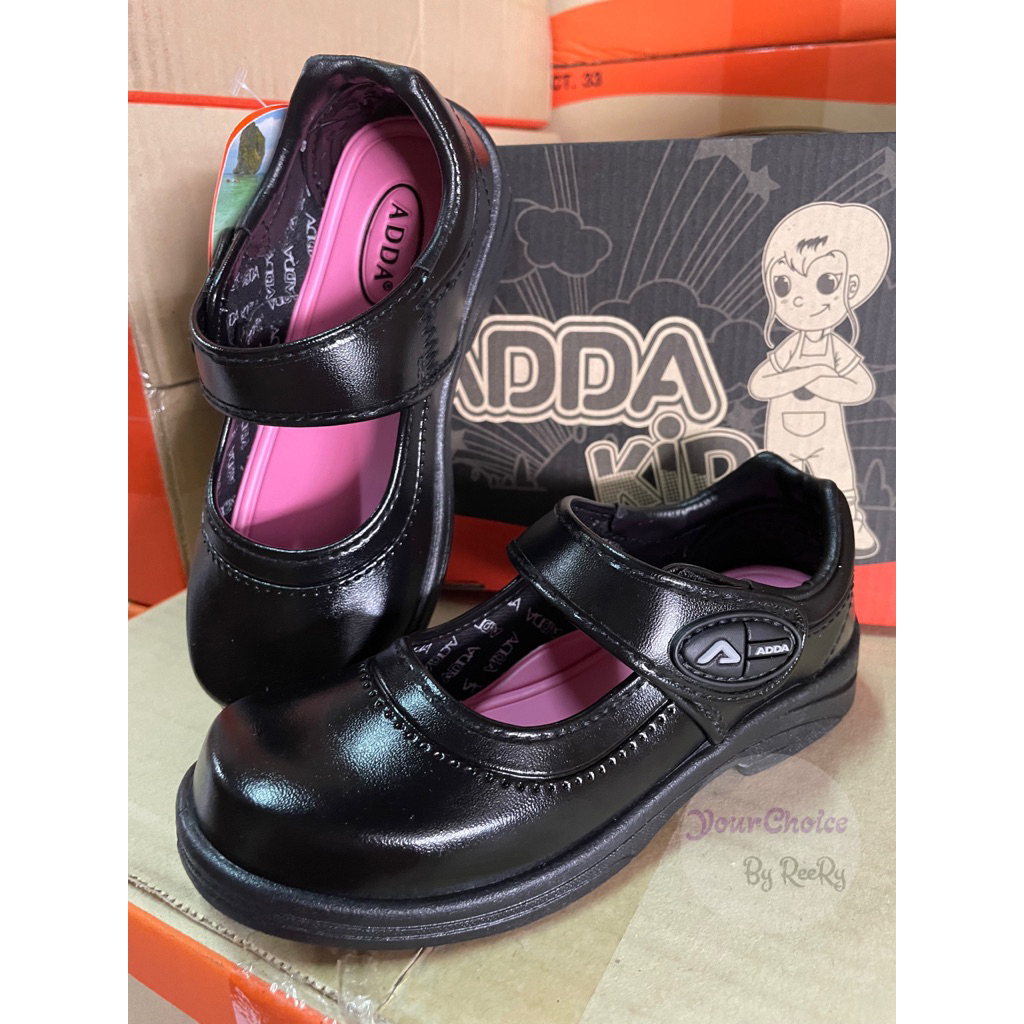 New‼️รองเท้านักเรียนอนุบาลหญิง หนังดำล้วนพื้นชมพู  ADDA 41C07