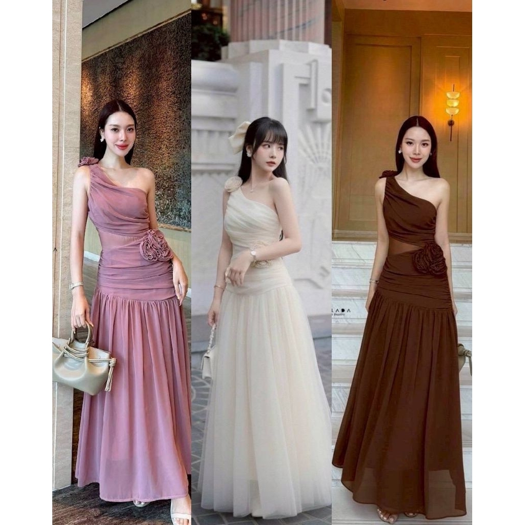 Lalada มินิเดรสเรียบหรู ผ้าชีฟอง ไหล่เฉียงแต่งดอกไม้ที่ไหล่และเอว