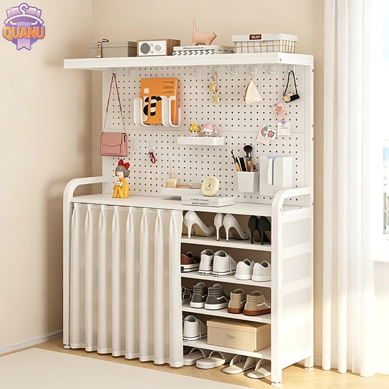 ชั้นวางรองเท้า DIY Pegboard พร้อมม่านกันฝุ่น ชั้นวางของอเนกประสงค์ โครงเหล็ก ประหยัดพื้นที่ สำหรับทางเข้าบ้าน/คอนโด