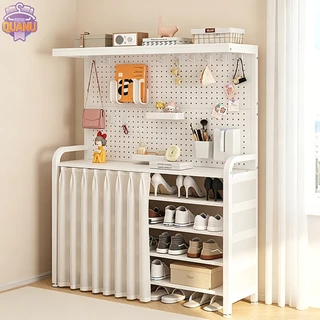 ชั้นวางรองเท้า DIY Pegboard พร้อมม่านกันฝุ่น ชั้นวางของอเนกประสงค์ โครงเหล็ก ประหยัดพื้นที่ สำหรับทางเข้าบ้าน/คอนโด