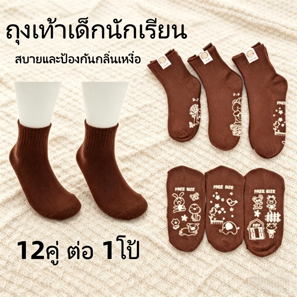 12คู่ ถุงเท้านักเรียน ป้องกันลื่น สีน้ำตาล ผ้านิ่ม ระบายอากาศดี ฝ้ายแท้ 🔥สินค้าพร้อมส่งในไทย จัดส่งรวดเร็ว🔥