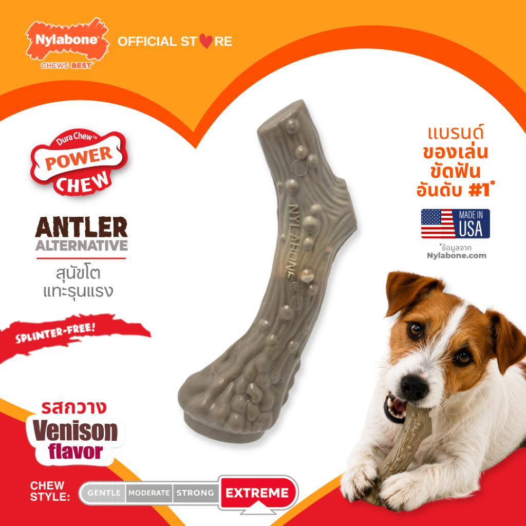 Nylabone Power Chew Antler Alternative Dog Chew Toy Venison Flavor ของเล่นขัดฟันสุนัข ไร้สารพิษ แก้เหงา