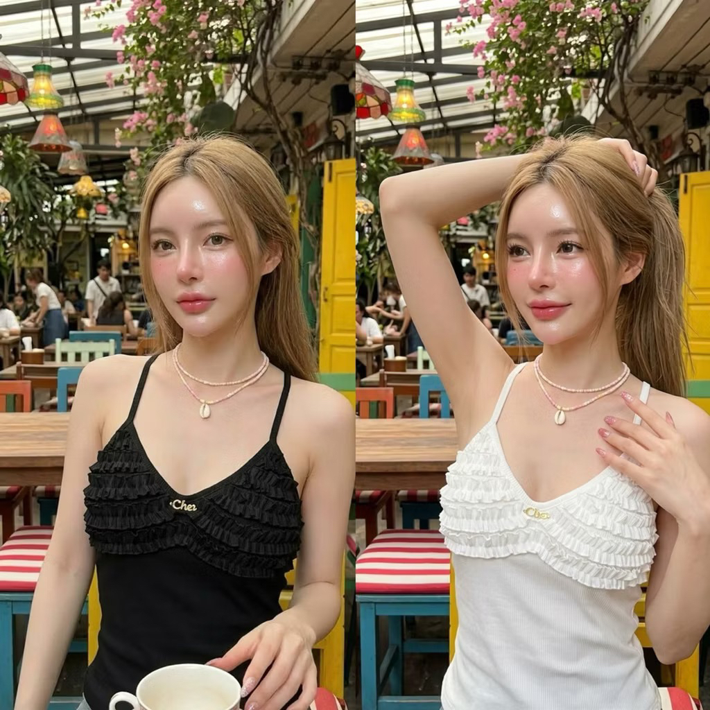 🎀มีส่งด่วน🎀เสื้อสายเดี่ยวปักอะไหล่choงานสวยผ้านิ่ม ทรงพอดีตัว แต่งระบายเป็นชั้นๆ