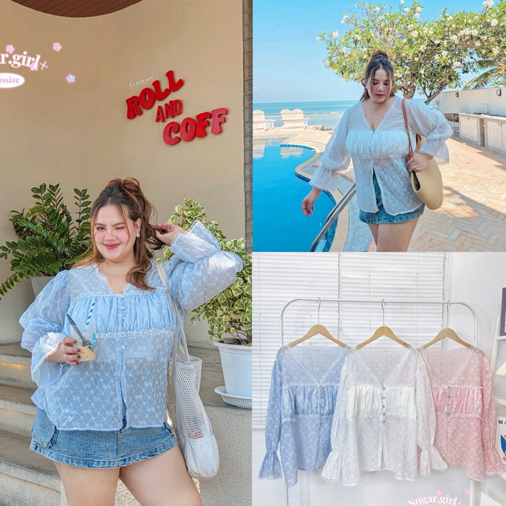 (S) เสื้อแขนยาว กระดุมเพชร ผ้าลายโบว์ (มีไซส์34-60”) สวย หวาน ฮิตสุดๆ เสื้อผ้าสาวอวบอ้วน พลัสไซส์ ไซส์ใหญ่