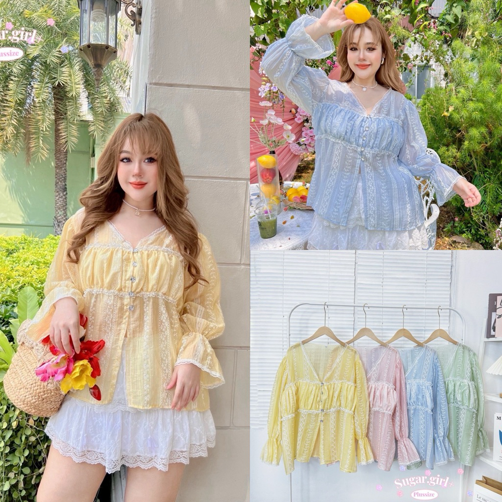 (S) เสื้อแขนยาวกระดุมเพชร (มีไซส์34-60“) ผ้าโรซี่พิมพ์ลาย แขนกระดิ่ง ทรงสวย เสื้อผ้าสาวอวบอ้วน พลัสไซส์ ไซส์ใหญ่