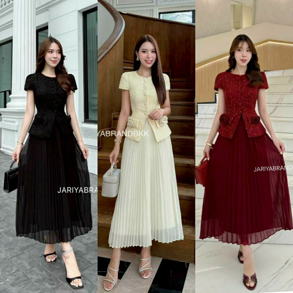 (S-XL)   Jariya  📣พร้อมส่งเซ็ทเสื้อผ้าทวิตแขนสั้น+กระโปรยาวพลีท+เข็มกลัดดอกไม้ใส่ทรงสวยชุดใส่ออกงาน