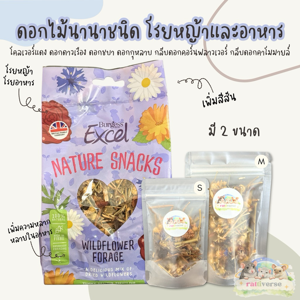 Burgess Excel ท็อปปิ้งดอกไม้นานาชนิด โรยหญ้าและอาหาร สำหรับสัตว์ฟันแทะ มี 2 ขนาด S และ M (ขั้นต่ำ 100 บาท)