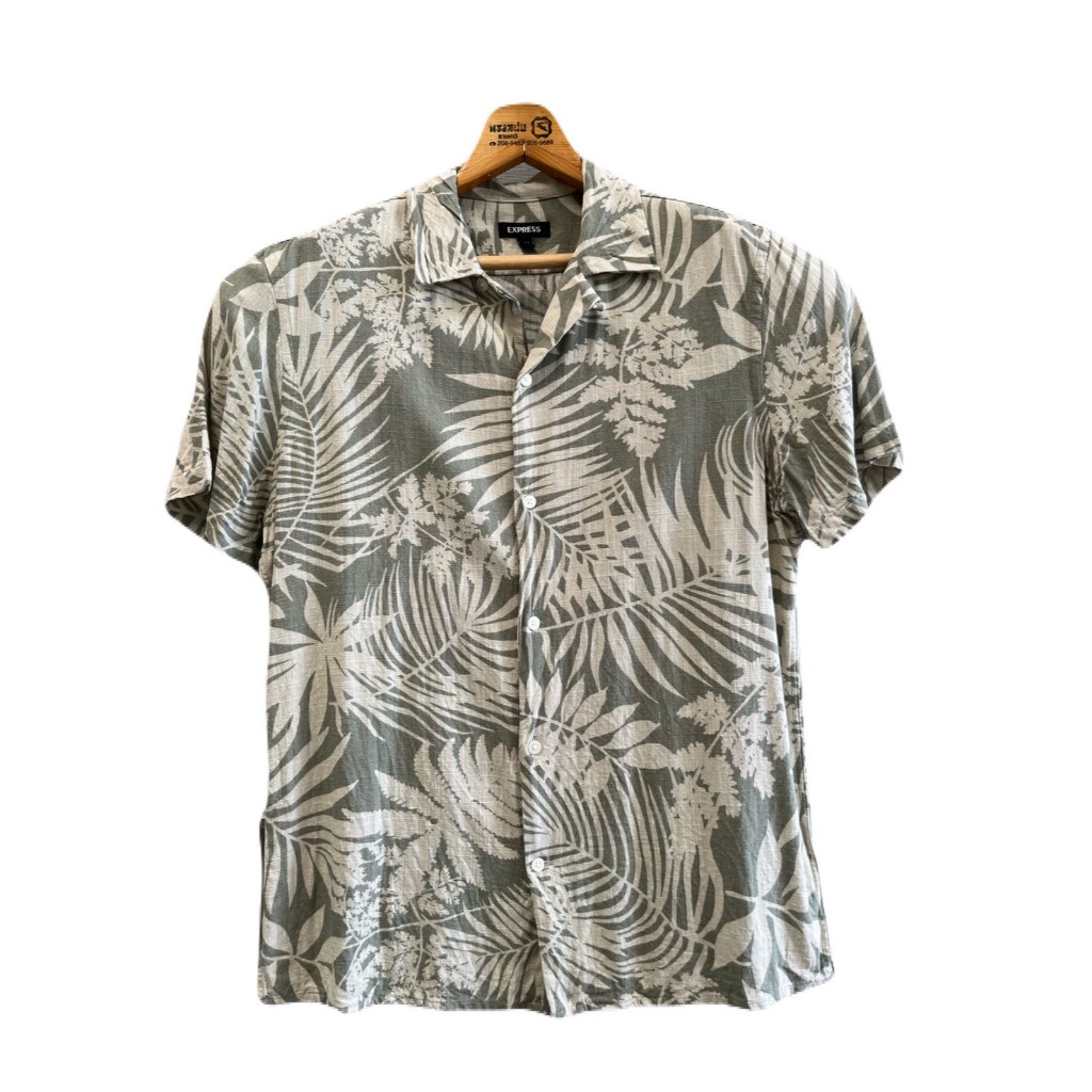 เสื้อฮาวาย อก43 ไหล่17 ยาว28 สีเขียว แบรนด์ Express 85%Rayon+15%Linen (Z56) มือสอง