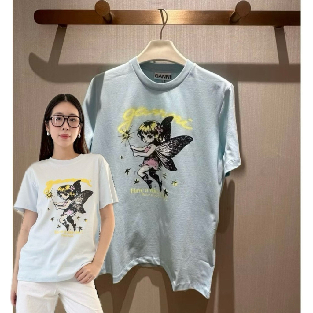 Ganni T-shirt " เสื้อยืดคอกลมแขนสั้น งานชนช็อปไปเลยค้า ลายใหม่ น่ารัก เนื้อผ้าดี ลายสกรีน