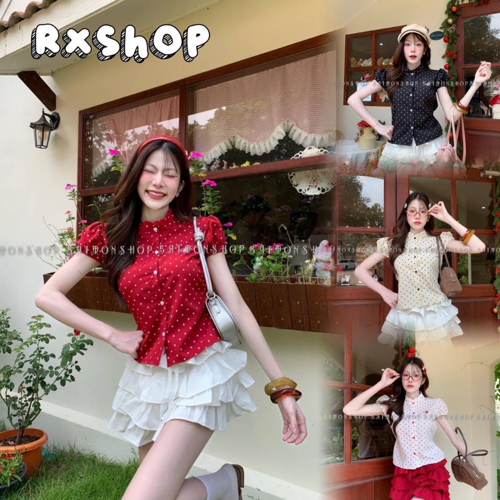 RXshop New  เสื้อคอจีน ปัก ลายจุด น่ารัก แมทง่าย พร้อมส่ง/BM