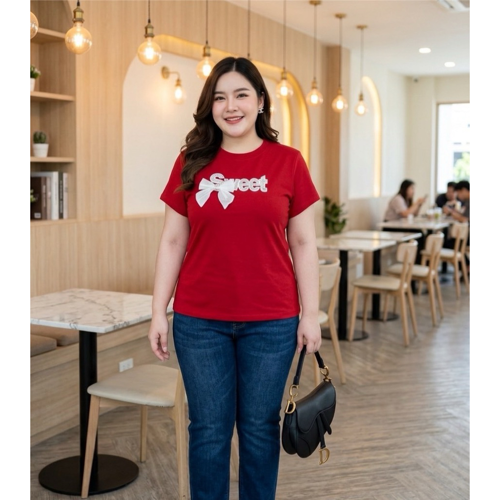 เสื้อยืดสาวอวบผ้ายูนิโคล่ เย็บอะไหล่ Sweetโบว์สวยๆ อก38-48