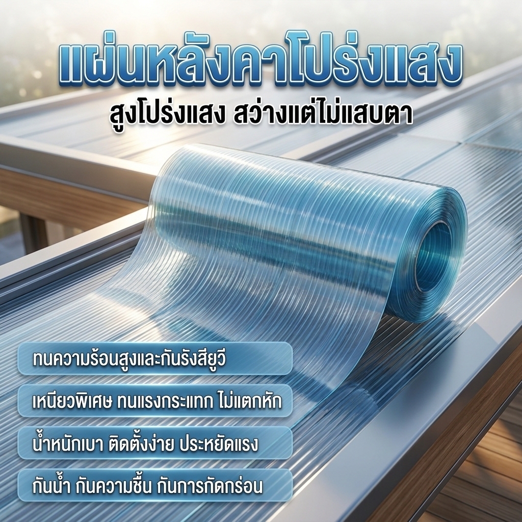 FRPแผ่นหลังคาโปร่งแสง สูงโปร่งแสง ทนความร้อน กัน UV ทนทาน ไม่แตกหัก เหมาะสำหรับหลังคาแดด เรือนกระจก