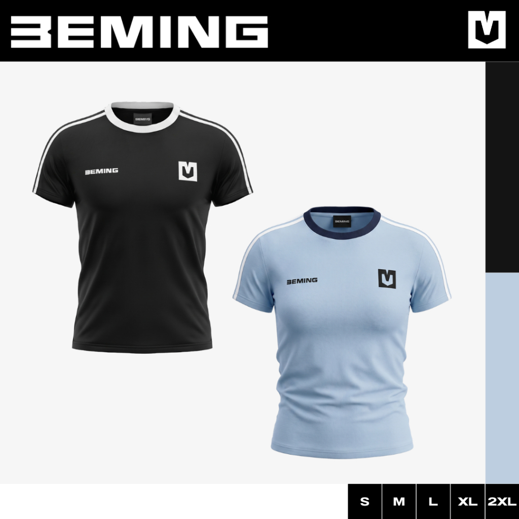 Bemingtop1170(S-2XL)-Rush Tee - เสื้อดีไซน์คอกลมและแขนแถบขาว ดีเทลโลโก้ BEMING และเลข 33 สไตล์ jersey