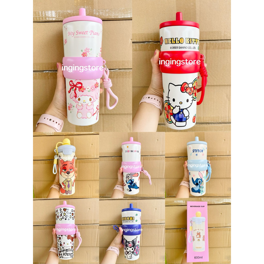 แก้วน้ำลายการ์ตูนน่ารัก ซานริโอ้ 800ml 710ml แก้วน้ำพกพา แก้วเก็บอุณหภูมิ ป้องกันการรั่วไหล พร้อมหลอดดูดน้ำ มีเชือกร้อย