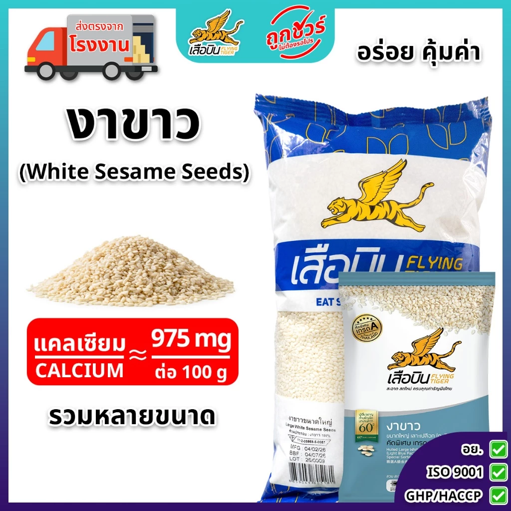 งาขาวดิบขนาดใหญ่ (100 / 500) กรัม ตราเสือบิน | (White Sesame Seeds)