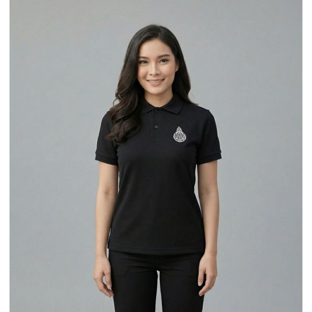 เสื้อโปโลสีดำผู้หญิง ประทับตราสัญลักษณ์ สำนักงานคณะกรรมการการศึกษาขั้นพื้นฐาน(สพฐ.) บนอกเสื้อ