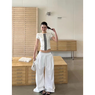 [Trendy striped two-piece set]เกาหลีรุ่นวินเทจผู้หญิงลายเสื้อยืดแขนสั้นและกางเกงลำลองขากว้าง