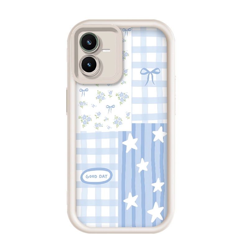 เข้ากันได้ Vivo Y22/Vivo Y22s/Vivo Y22t,Kawaii Light Blue Bow ดอกไม้ดาวตารางกรณีโทรศัพท์ความงาม