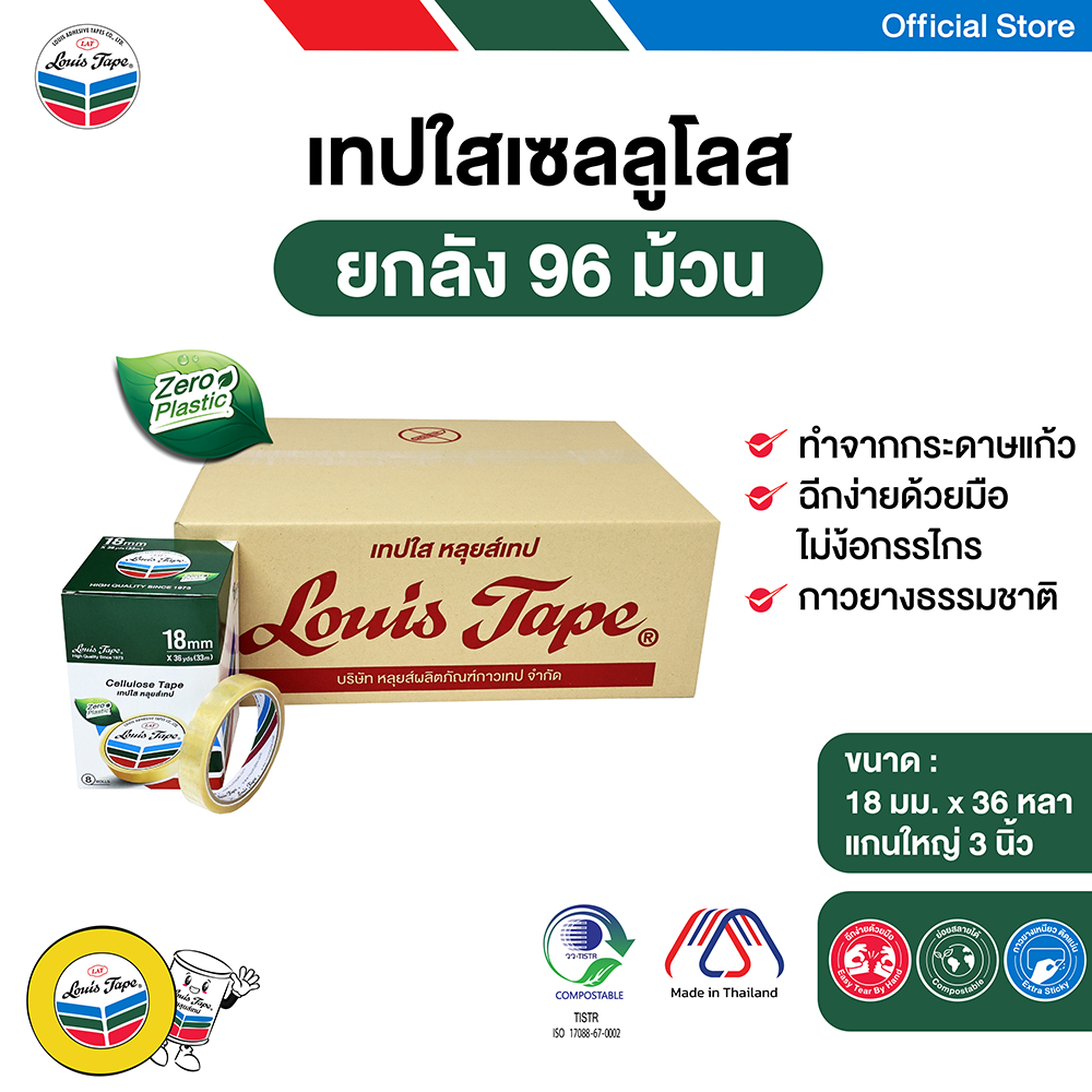 LOUIS TAPE เทปใส เทปใสเซลลูโลส  18 มม. x 36 หลา แกน 3 นิ้ว (แกนใหญ่) (96 ม้วน/ลัง) – โปรปัง