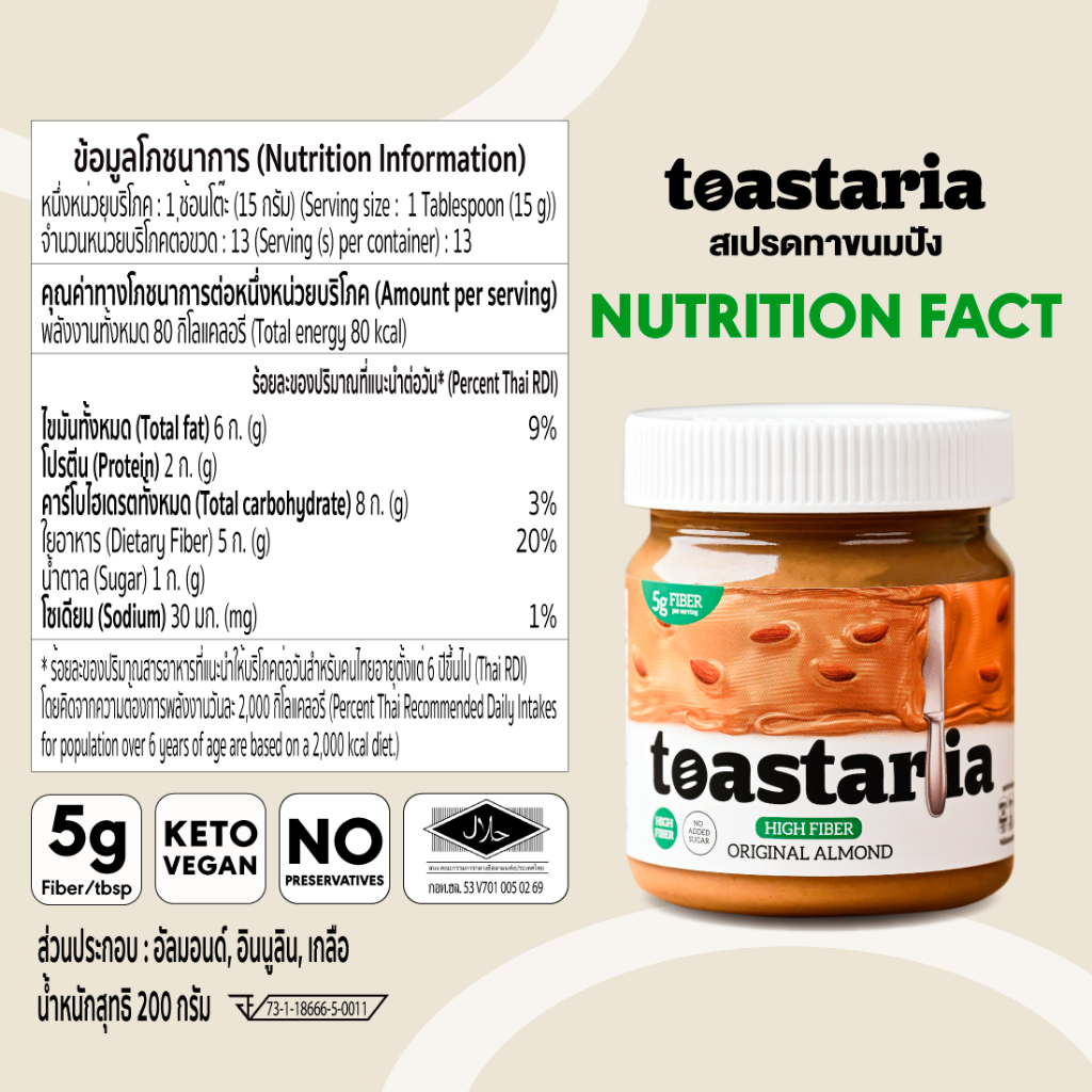 Toastaria Original Almond Spread High Fiber ไม่เติมน้ำตาล ไฟเบอร์สูง สเปรดออริจินัล อัลมอนด์200g (แยม ทาขนมปัง เนยถั่ว) รูปที่ 4