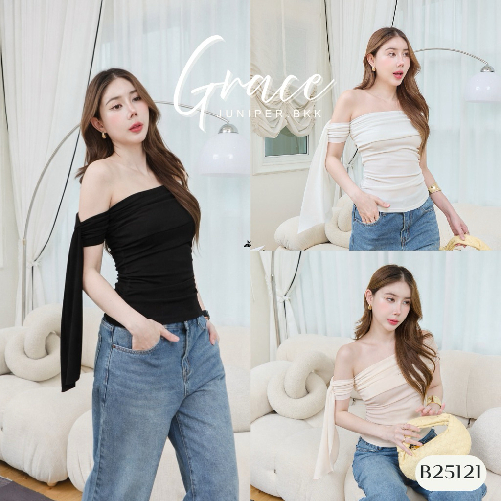 B25121 l GRACE เสื้อไหล่เดียว ปาดไหล่ ดีเทลคล้องแขนแต่งชายผ้าตะข่าย