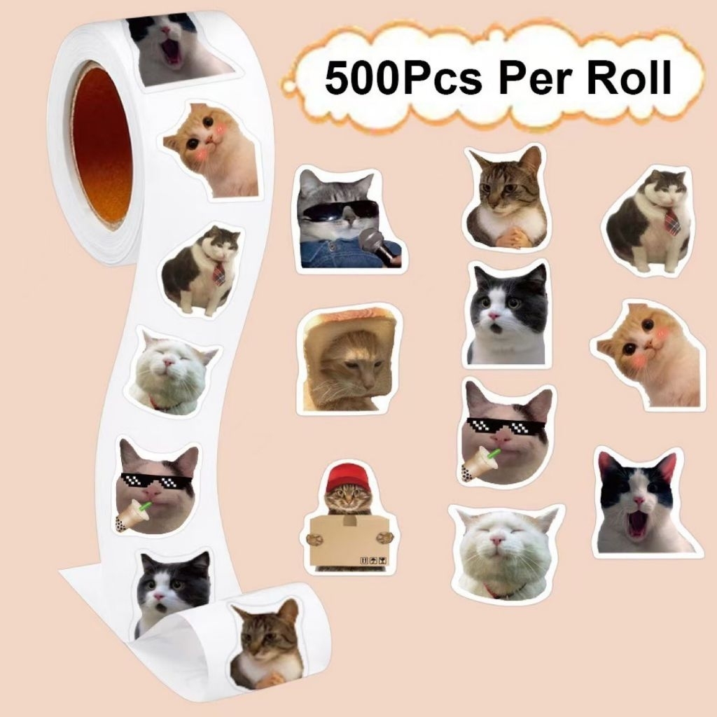 สติ๊กเกอร์ แมว หน้าตลกๆ กวนๆ น้องแมว น่ารัก ติดตกแต่งสิ่งของ (ม้วน 500 ดวง)