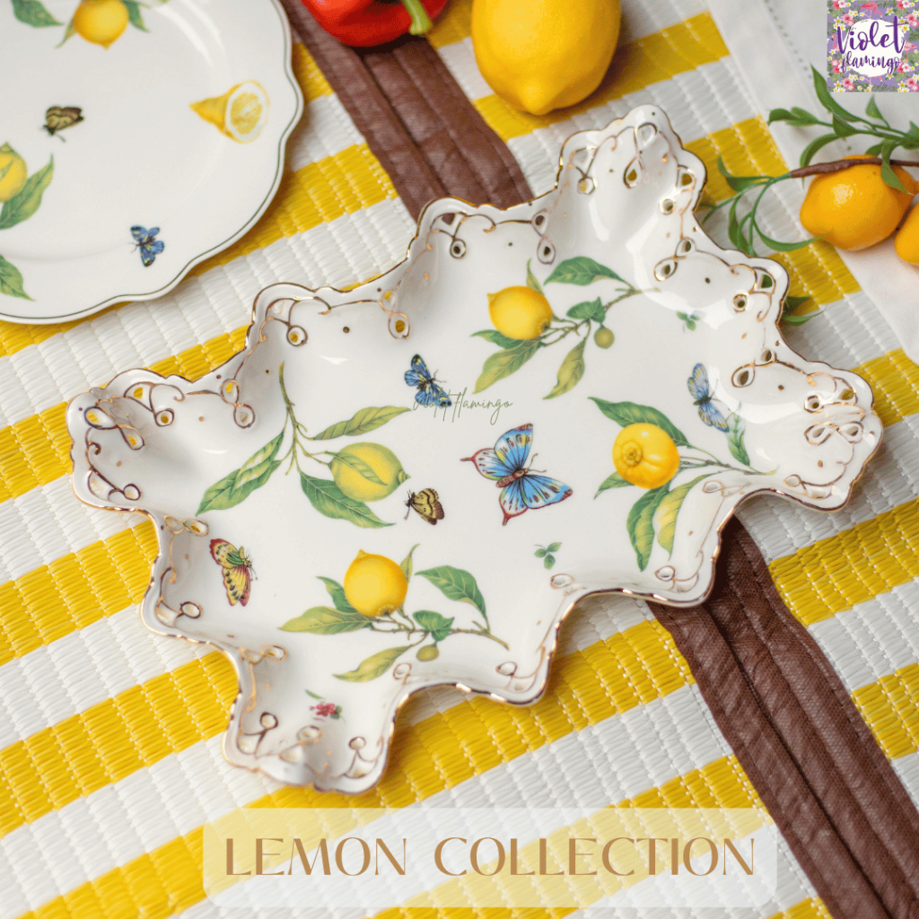 Violet Flamingo - Lemon Butterfly Elegance Collection ชามผลไม้ ชามสลัด จานเปลลายเลมอนผีเสื้อ ขอบหยักขอบทองสุดหรู