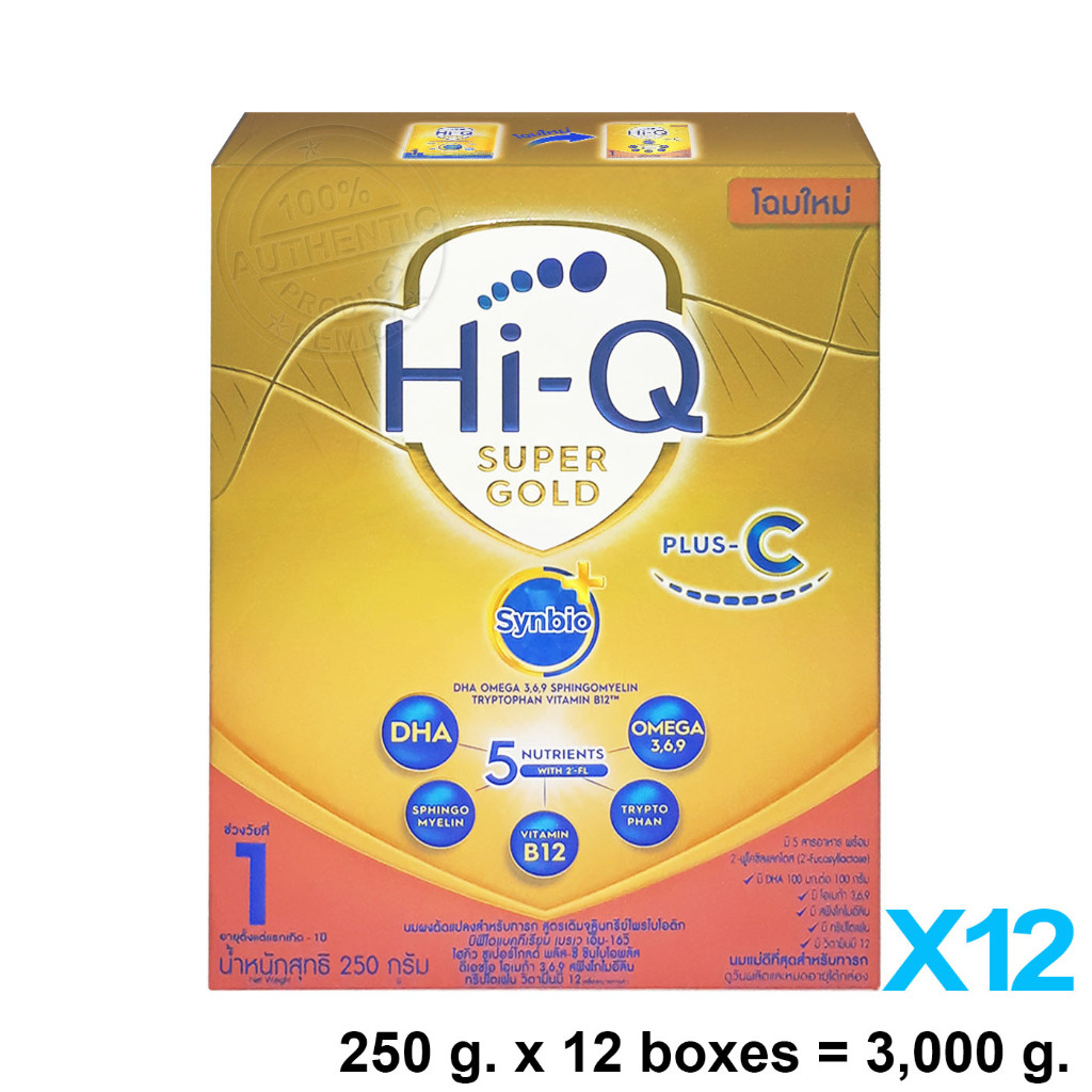 [12 กล่อง] Hi-Q Supergold Plus-C Synbio+ สูตร 1 ขนาด 250 กรัม ไฮคิว ซูเปอร์โกลด์ พลัส-ซี ซินไบโอพลัส นมผงดัดแปลงสำหรับทา